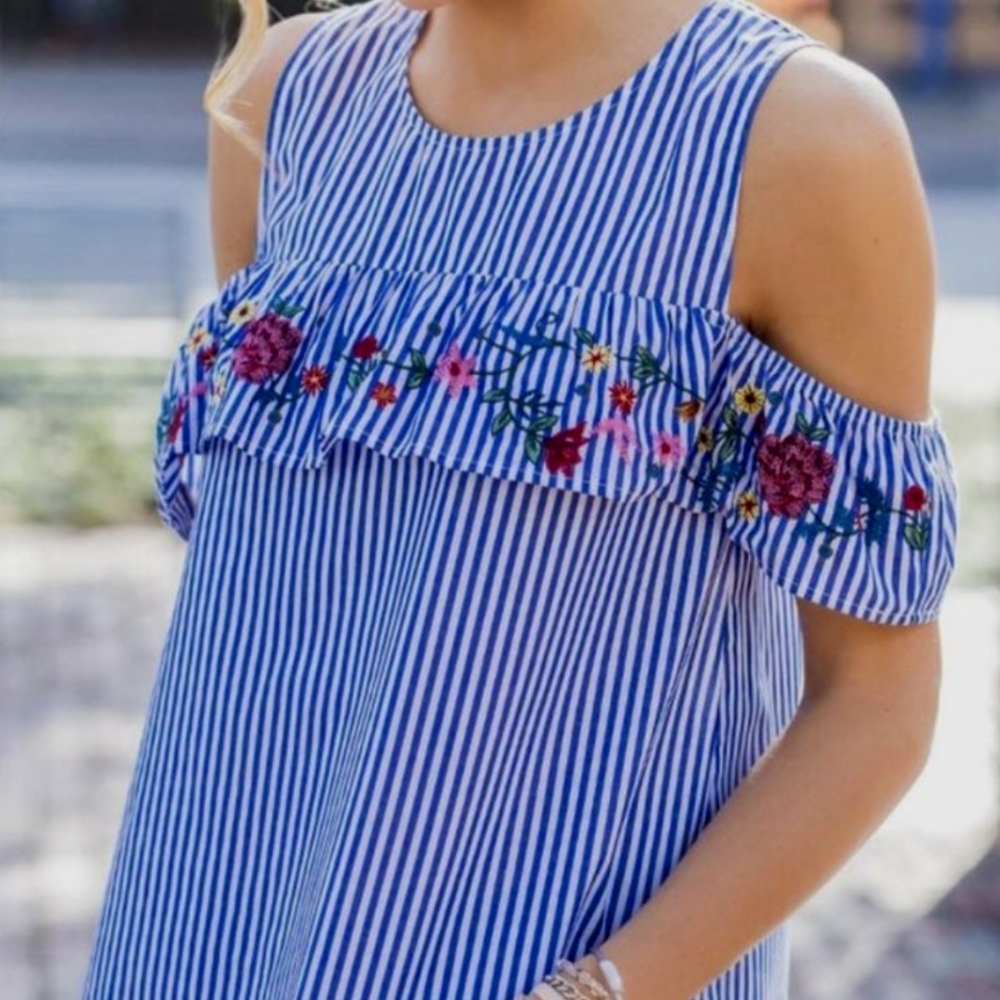 Francesca's Blue Rain Cold Shoulder Blue Striped Floral Embroidered Top XS